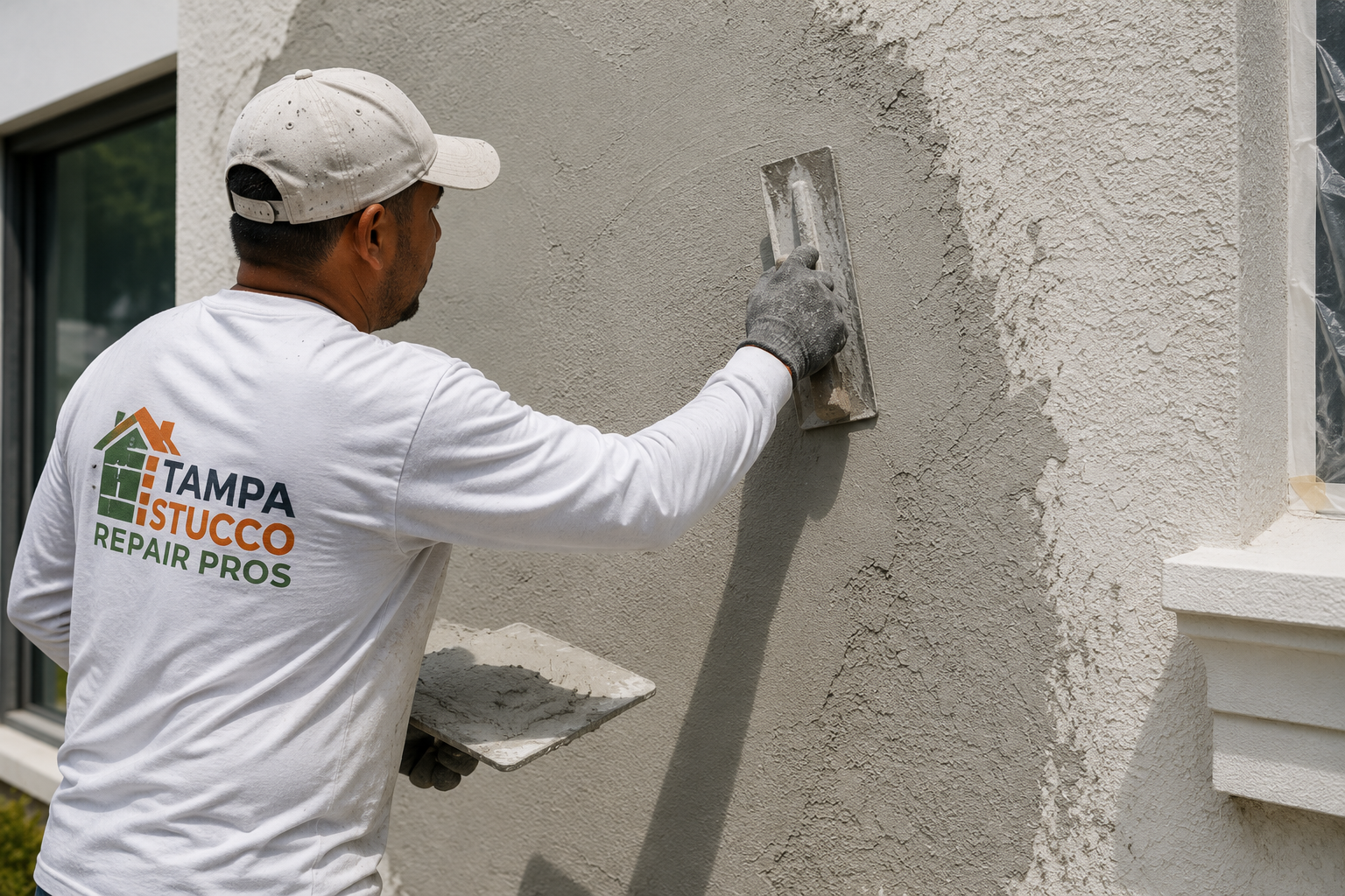 Tampa Stucco Repair Pros contractor working on an exterior wall